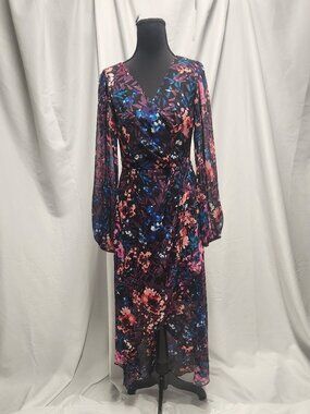 GUESS Floral Wrap Midi Dress Long Sleeve Sheer Sleeve Size 4 Romantic Boho